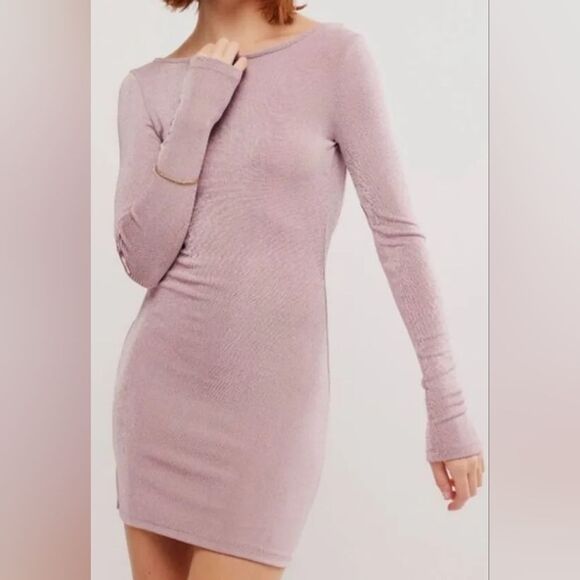 Free People Call Me Later Long Sleeve Backless Mini Dress In Dawn Pink - Picture 1 of 11